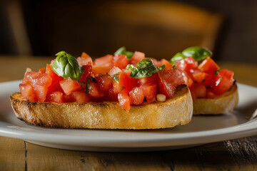 Tasty Italian Bruschetta with tomatoes, herbs and oil on toasted garlic cheese bread