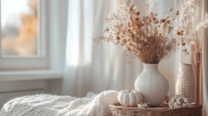 Warm autumn interior decor with dried flowers in a vase, perfect for fall home decoration.