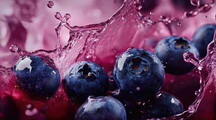 Fresh blueberries in motion with a splash of blueberry juice, capturing the vibrant color and dynamic movement