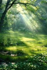 Obraz premium A serene forest glade bathed in sunlight filtering through the trees. Lush green foliage and a peaceful atmosphere.