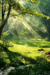 Obraz premium A serene forest clearing bathed in sunlight with lush greenery and dappled light.