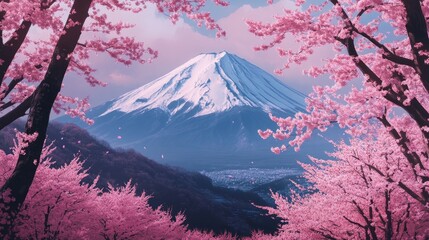 Wallpaper featuring a pink-inspired depiction of Mount Fuji with cherry blossoms.