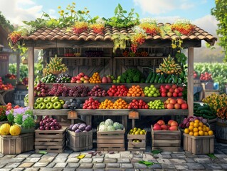 3D farm stand with fresh fruits and vegetables in the countryside
