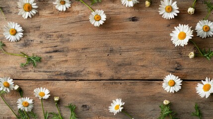 Fototapeta premium Overhead shot of fresh daisies scattered on a rustic wood background, highlighting natural beauty and simplicity