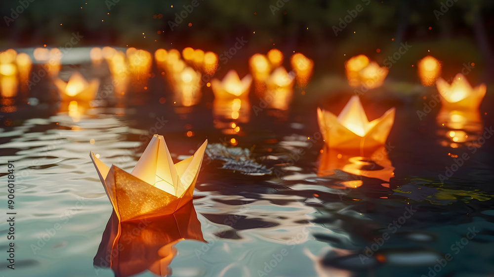 Poster aerial view of glowing luminescent paper boats gracefully drifting across a tranquil reflective wate
