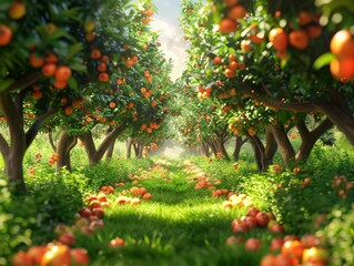 3D fruit orchard in summer with ripe fruits and lush trees