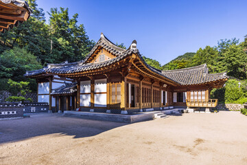 Jongno-gu, Seoul, South Korea - September 1, 2022: Summer view of yard and tile-roofed house at Cheongwoon Literature Library
