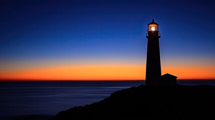 Silhouette of a lighthouse at twilight, with its light beam shining, emphasizing the beauty of the evening sky