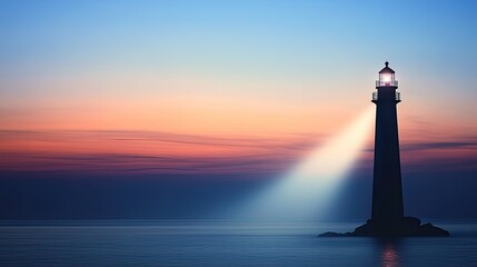 Silhouette of a lighthouse with a beam of light cutting through the twilight sky, creating a guiding and serene scene