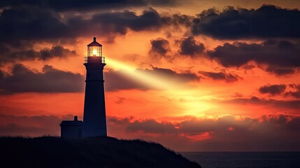 Silhouette of a lighthouse with a beam of light cutting through the twilight sky, creating a guiding and serene scene