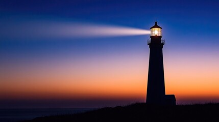 Silhouette of a lighthouse with a beam of light cutting through the twilight sky, creating a guiding and serene scene