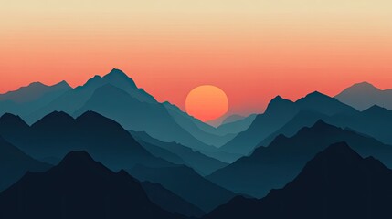 Fototapeta premium Sunset behind a silhouetted mountain range, highlighting the beauty and tranquility of nature