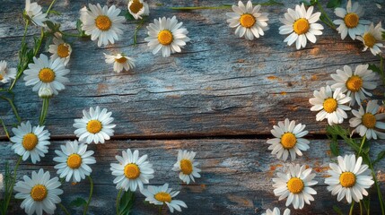 Obraz premium Top view of daisy flowers laid out on a weathered wooden backdrop, creating a picturesque and rustic scene