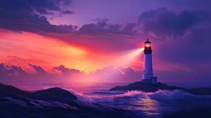 Twilight sky with a silhouetted lighthouse and a powerful beam of light, capturing the essence of guidance and safety
