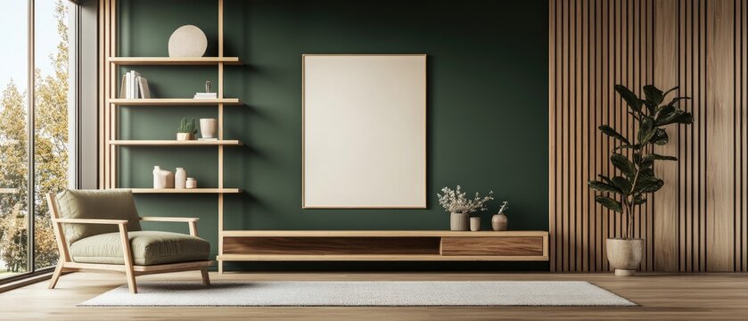 Fototapeta Interior of a wooden living room with shelves, a poster, and a modern design.
