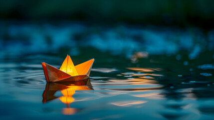 Close up Photograph of a Single Illuminated Paper Boat Floating on Calm Dark Water with its Warm Glowing Reflection Highlighting a Peaceful Contemplative Mood