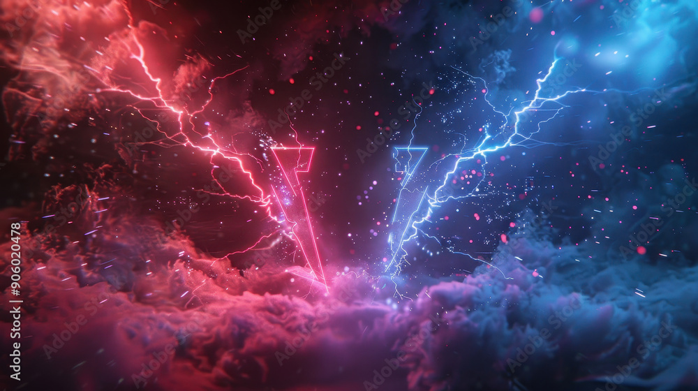 Poster a neon colored image of a triangle with a red and blue light surrounding it. the image has a futuris