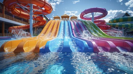 Dynamic 3D water park with slides and pools full of splashing water