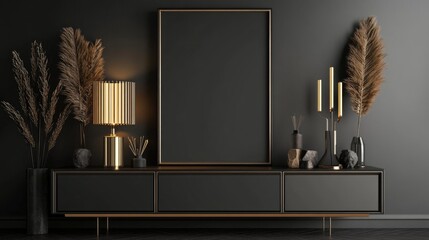 Empty mockup frame displayed on a cabinet in a living room with a dark wall background.