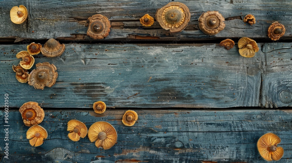 Wall mural The tiny fungus on wooden pattern with texture