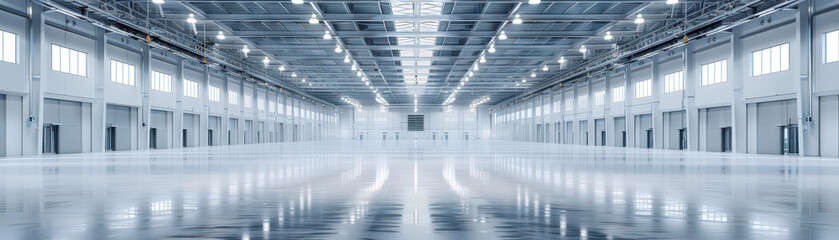 Fototapeta premium A large, empty warehouse with a lot of lights. The lights are on and the space is very bright
