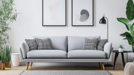 Contemporary Scandinavian living room featuring a gray sofa, plants, and abstract artworks, creating a stylish and functional space.