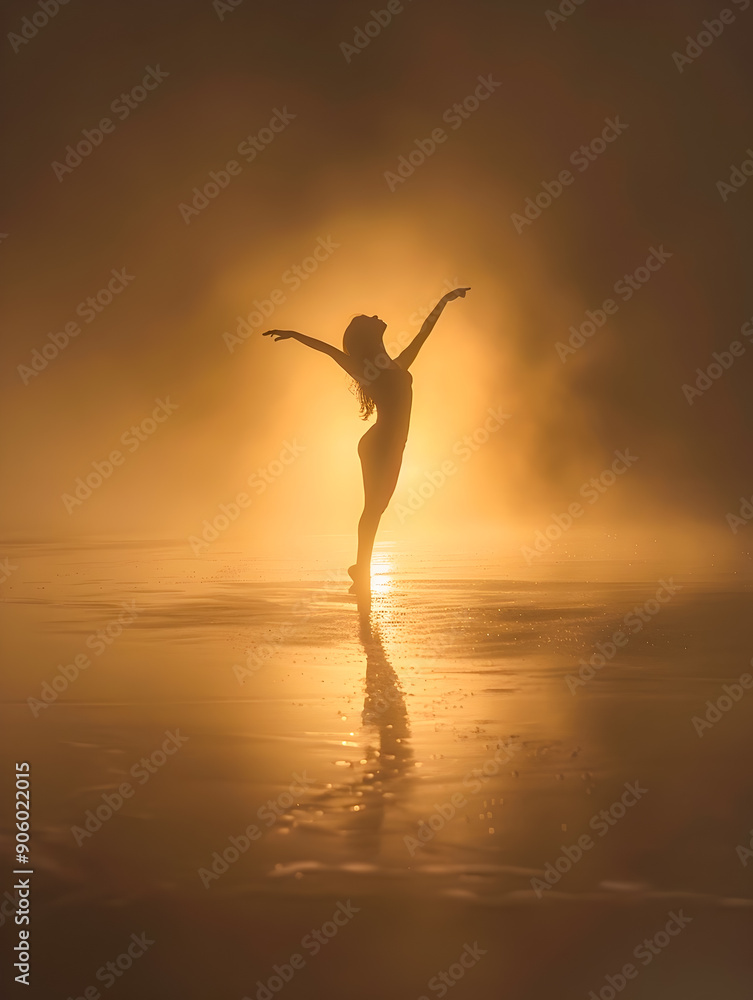 Poster serene photograph capturing the silhouette of a graceful dancer in a dreamy ethereal environment fil