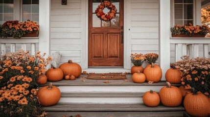 Autumn-themed front door decoration with pumpkins and flowers, perfect for fall and Halloween.