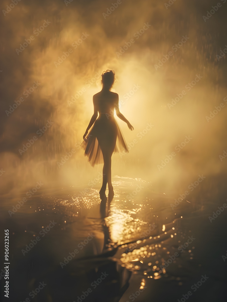 Poster a mystical scene of a dancer s silhouette gracefully emerging from a dense ethereal fog illuminated 