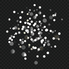 White bokeh lights on a transparent background with black grid. Vector