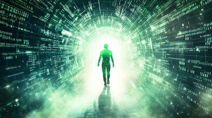 Mystical figure walking towards the light in a digital tunnel with green aura, surrounded by binary code and data streams, against a backdrop of blurred dark space with distant stars
