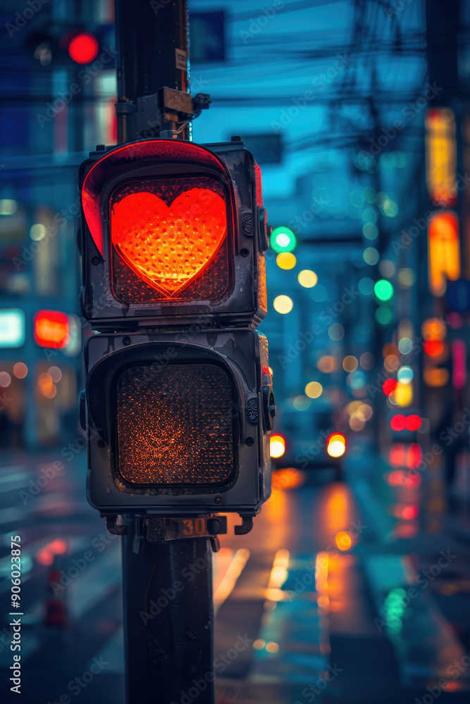 Poster a red traffic light with a heart on it is lit up in the rain. the scene is blurry and has a moody at