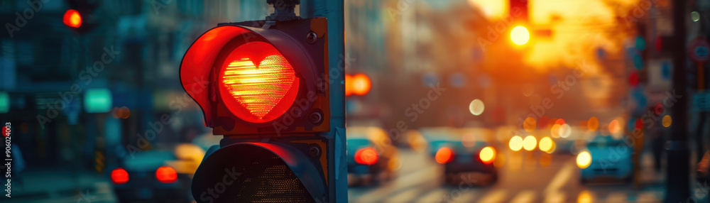 Aufkleber a red traffic light with a heart on it is lit up in the rain. the scene is blurry and has a moody at