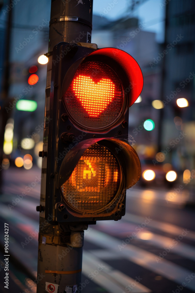 Aufkleber a red traffic light with a heart on it is lit up in the rain. the scene is blurry and has a moody at