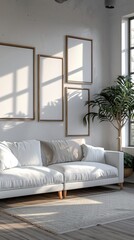 Modern White Minimalist Interior Design for a Poster-Ready Living Room Layout, with a Spacious White Sofa and Copy Space - A High-Quality Visual Delight