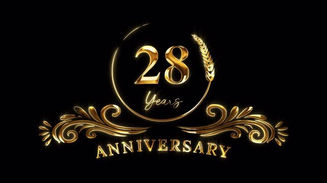 28th Anniversary Celebration. Happy 28 Years Anniversary Animation in Gold Color on the Transparent Background, Alpha Channel. Great for greetings, celebrations, events, and gifts.