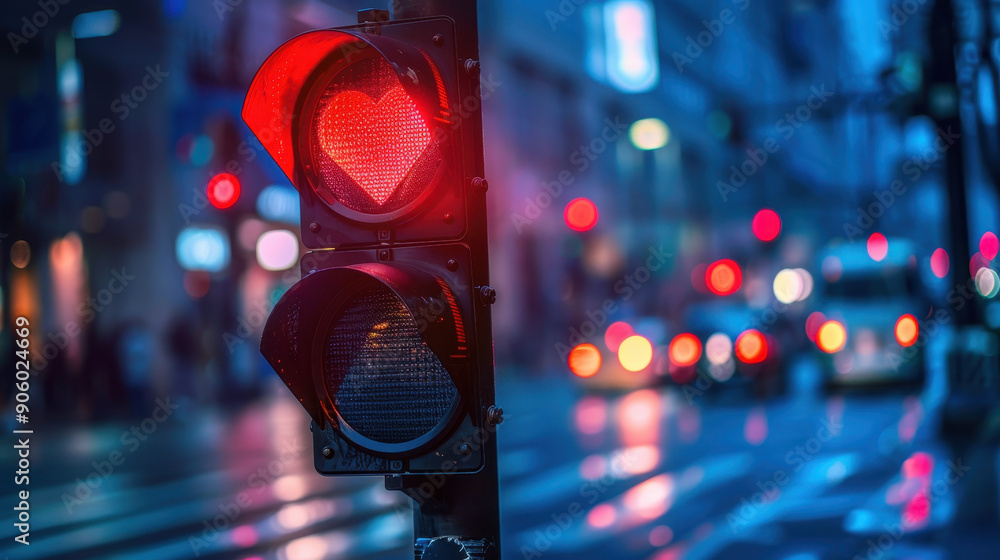 Poster a red traffic light with a heart on it is lit up in the rain. the scene is blurry and has a moody at