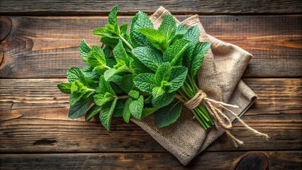 Top view of fresh green mint branches wrapped in cloth arranged on old rustic wooden table