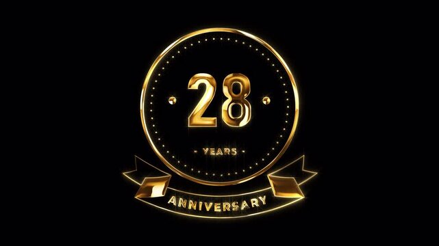 28th Anniversary Celebration. Happy 28 Years Anniversary Animation in Gold Color on the Transparent Background, Alpha Channel. Great for greetings, celebrations, events, and gifts.