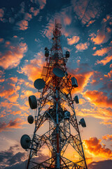 A tall tower with a lot of antennas on top of it. The sky is blue and orange