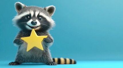 Playful Raccoon With Five-Star Rating and Positive Customer Review Concept in Blue Gradient Background