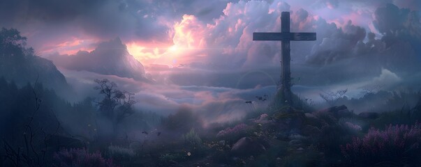 Obraz premium cross, religion, sky, god, christ, church, faith, clouds, crucifix, symbol, easter, light, religious, heaven, cloud, crucifixion, silhouette, catholic, spiritual, bible, sunset, resurrection, blue, ho