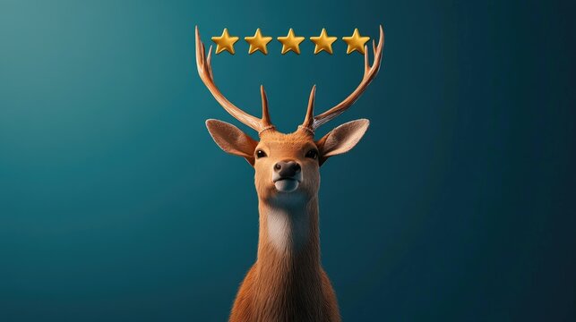 An elegant deer gazes at a glowing yellow smiling icon with five golden stars arranged above its head, Serene Deer Reflecting Excellence, Minimalist Business Symbolism