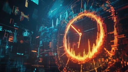 Obraz premium Modern Economy Trends, Clock with Fluctuating Stock Market Graphs in Futuristic Financial Innovation Setting