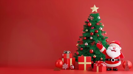 "Merry Christmas and Happy New Year: Festive Xmas Tree, Santa Claus Decorations, and Gift Boxes"