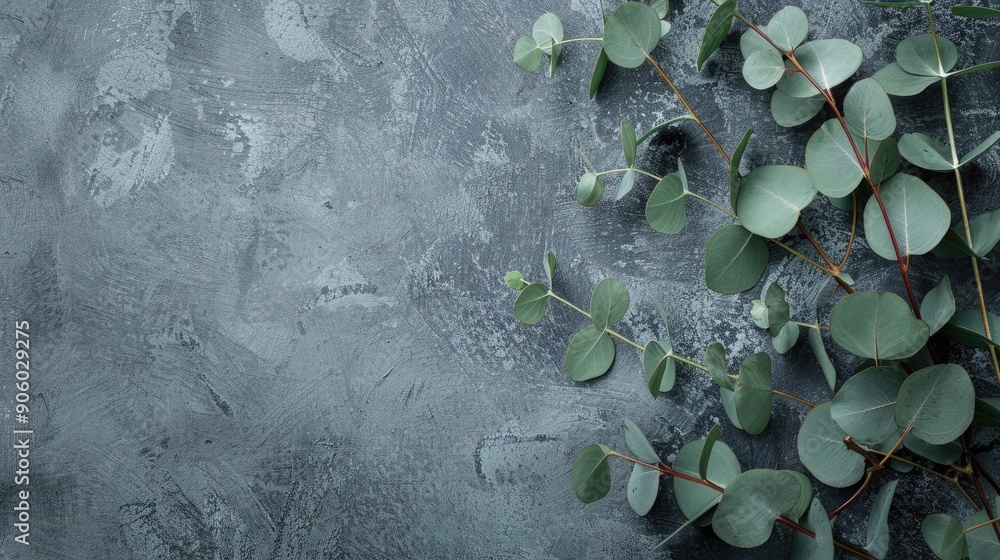 Poster eucalyptus leaves on gray surface with branch pattern top view with space for text