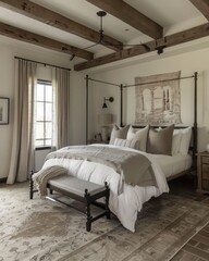 French Country Style Bedroom in Modern Farmhouse - Charming Interior Design with Rustic Elegance.