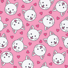 white cat seamless pattern with red heart emblem decoration and pink background
