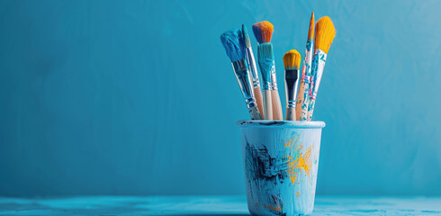 Colorful Paint Brushes in Creative Pot on Blue Background