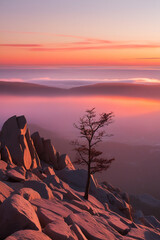 Fototapeta premium sunset in the mountains the view of the sunset in the mountains created with AI, looks very beautiful with the orange light of the sun from behind the clouds which makes us stunned